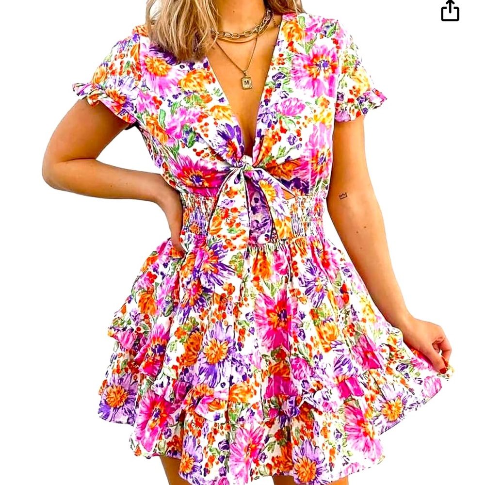PRETTYGARDEN Women's 2024 Summer Swing Mini Dress Tie Front V Neck Short Sleeve
